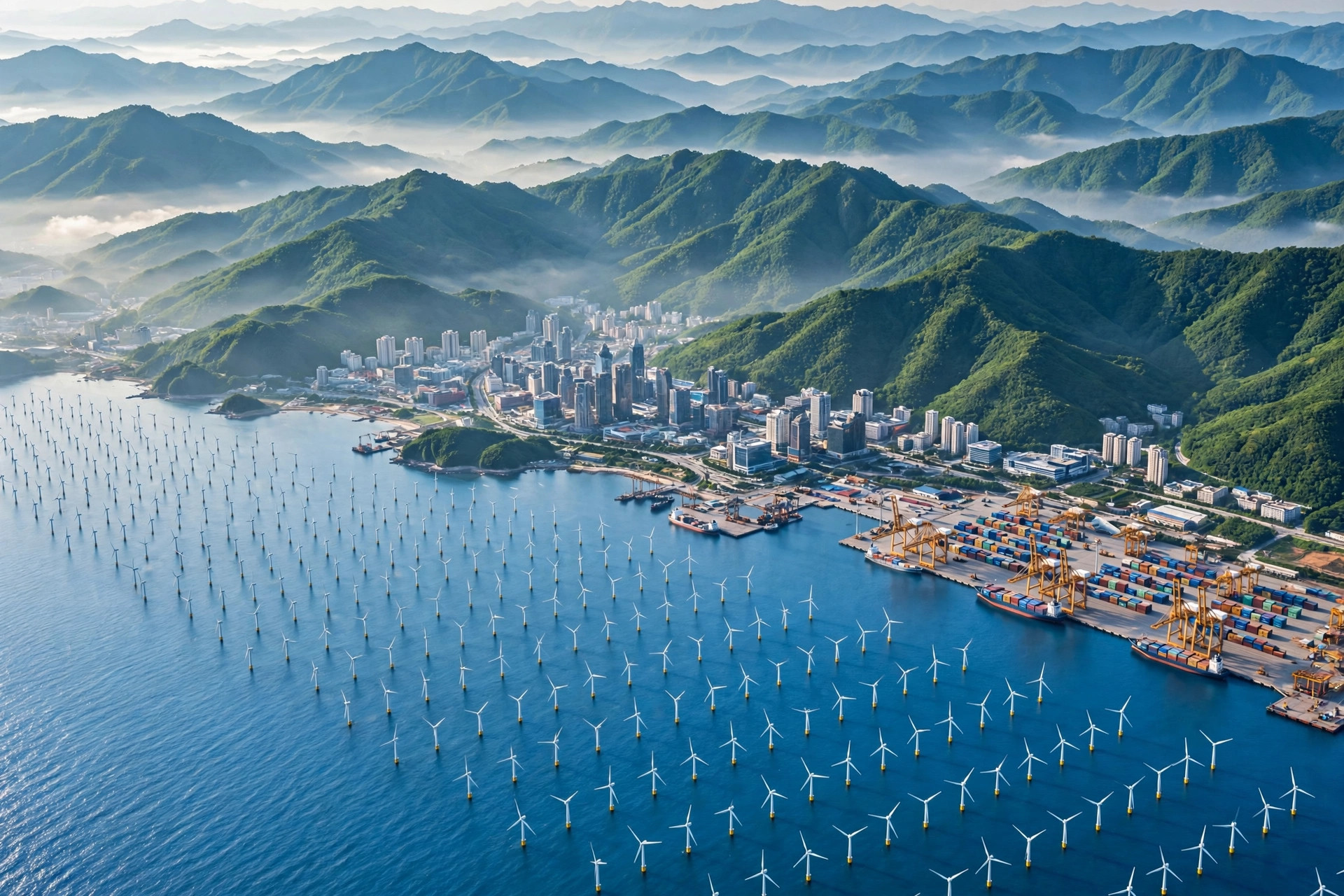 AI配图:沿海风电与绿色城市